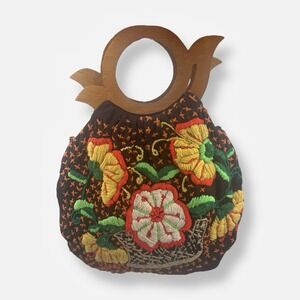 Vintage Tote‎ Bag Boho Floral Brown Fabric Wood Handles Embroidered Flowers